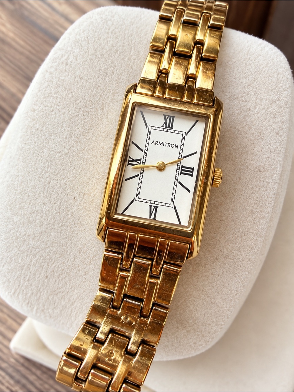 Vintage Armitron Gold Tone Rectangle Watch Art Deco Roman Numeral - Picture 2 of 8
